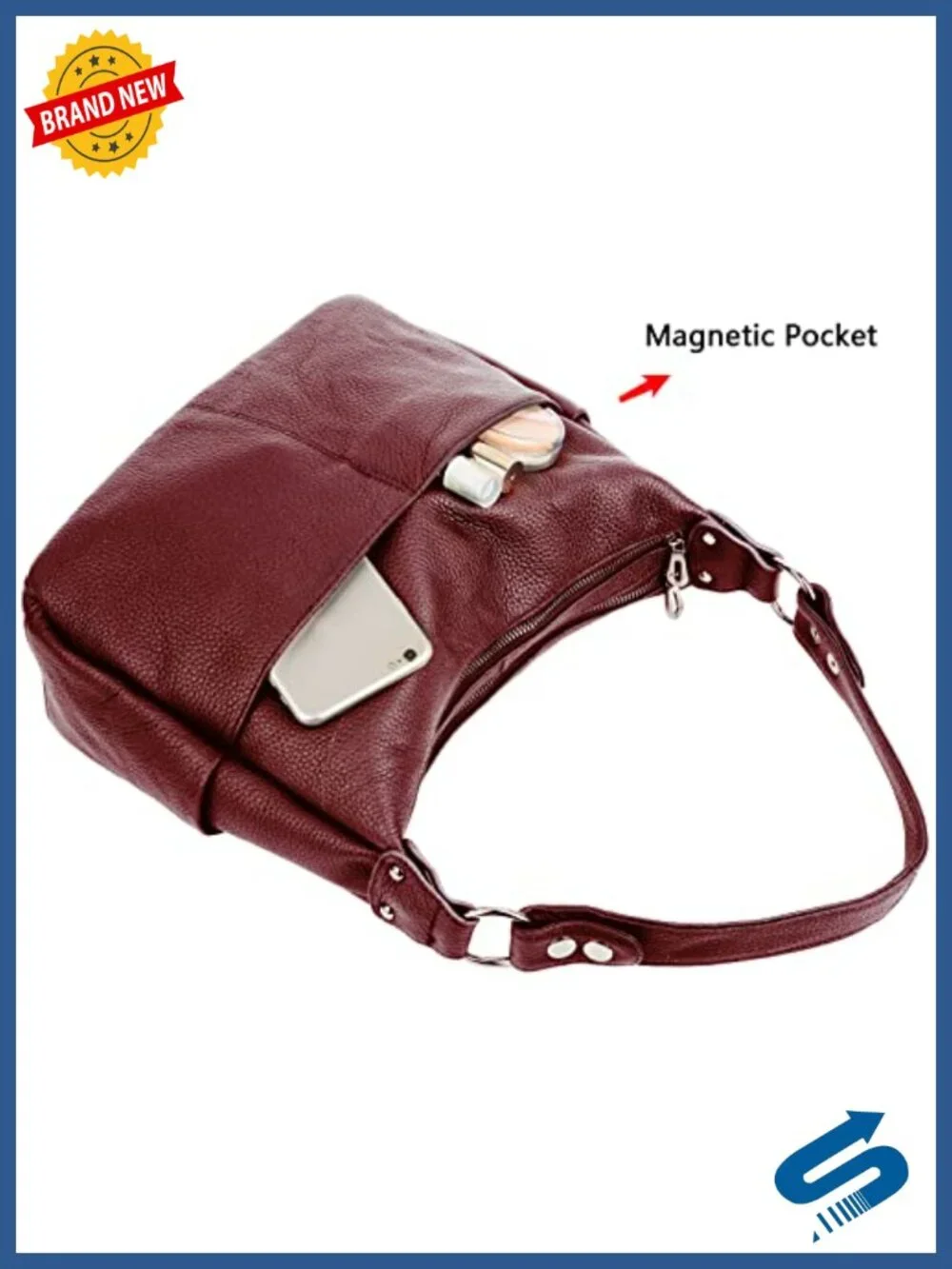 Genuine Leather Hobo Bag with Double Zipper Pockets & Crossbody Strap